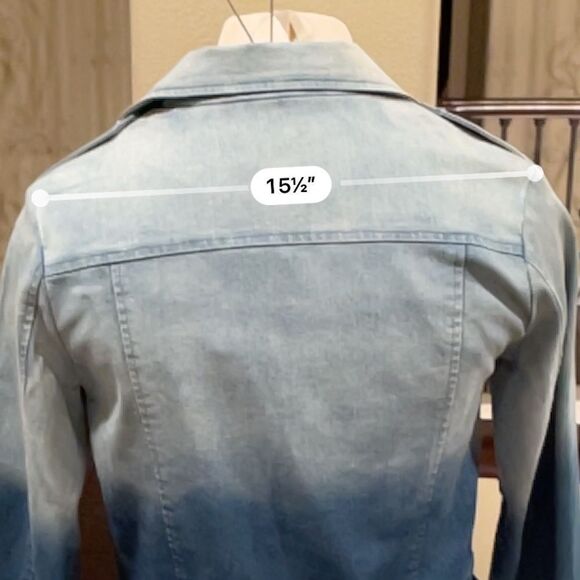 FATE by LFD Denim Jacket Blue Medium Wash Long Zipper Pocket Ombre Jean Jacket S - Picture 13 of 15